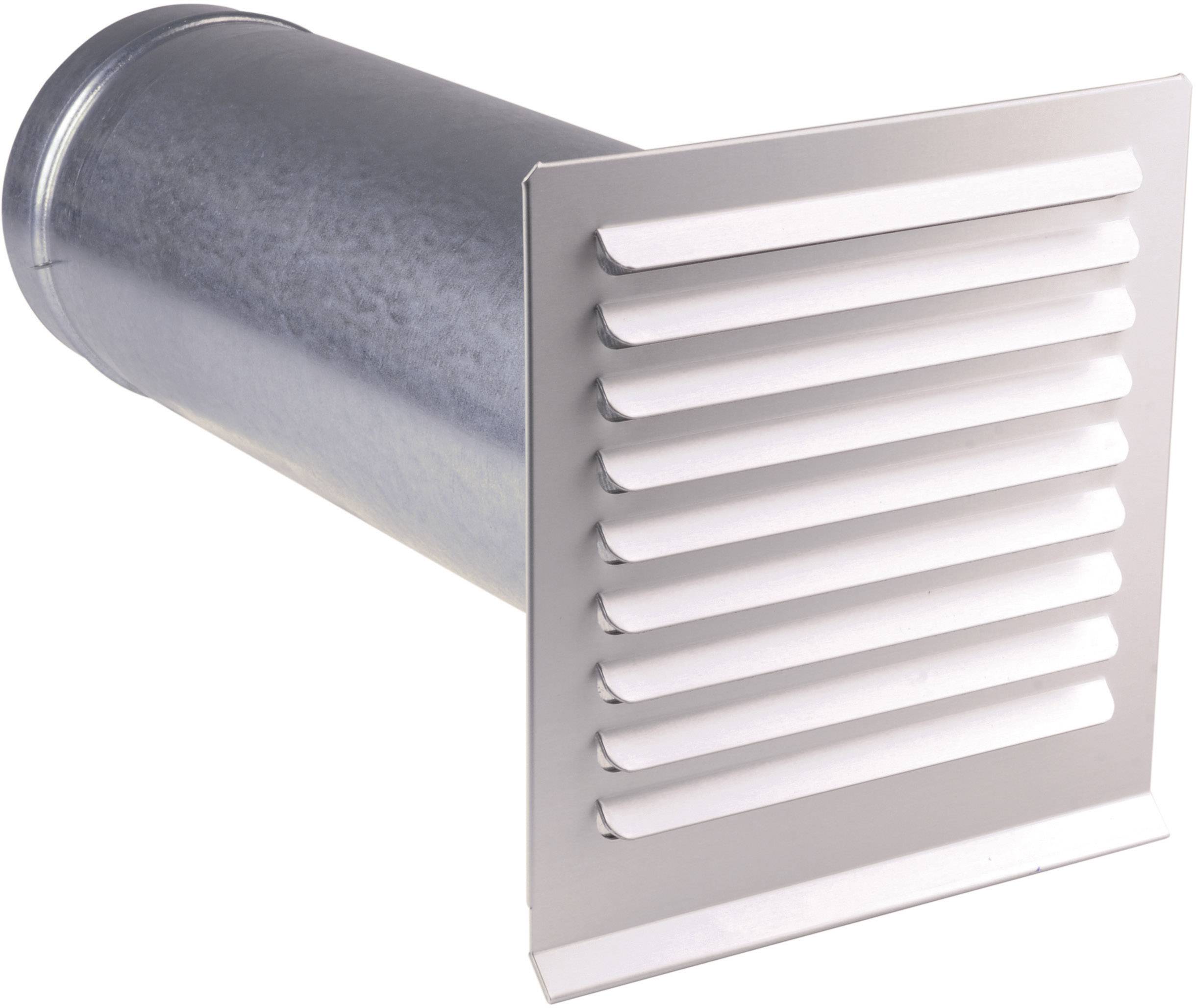 Tubo di ventilazione metallico rotondo con griglia rettangolare a lamelle su un'estremità per la circolazione dell'aria.