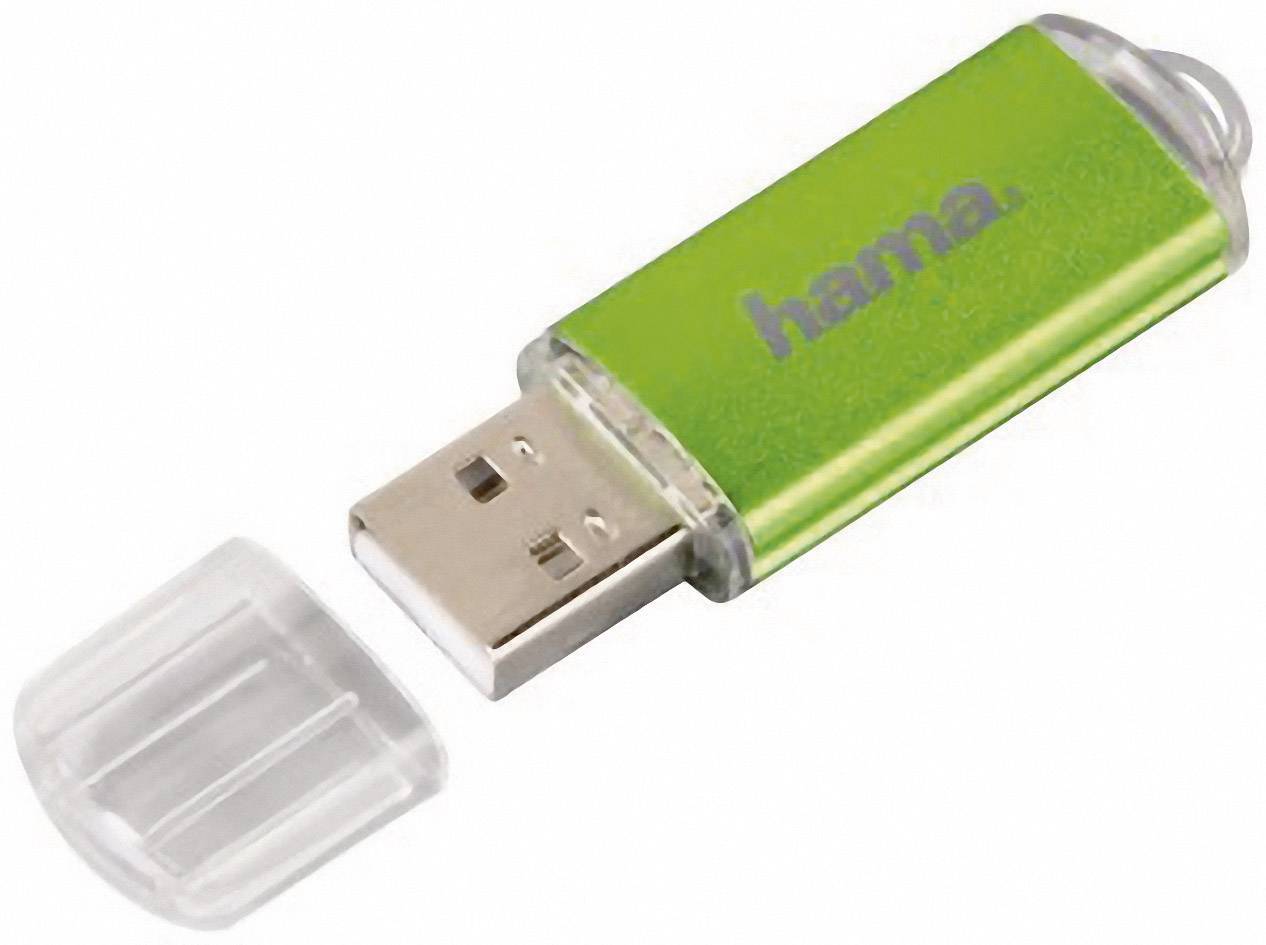 Chiavetta USB verde con coperchio rimosso, nome del marchio 'hama' visibile in scrittura scura.
