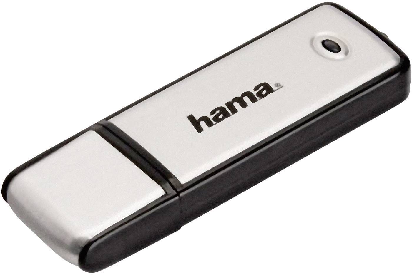 Una chiavetta USB argentata con bordo nero e il logo 'hama' stampato.