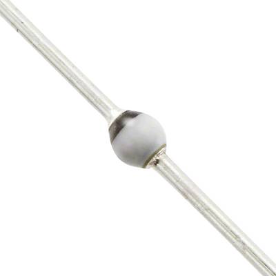 Un componente di diodo Zener con due terminali metallici, utilizzato per la stabilizzazione della tensione nei circuiti elettronici.