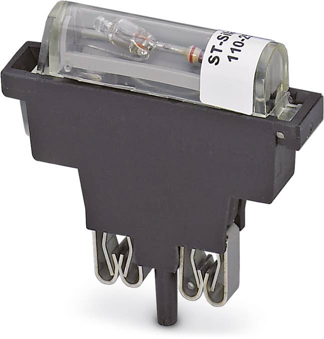Un connettore elettrotecnico nero e rettangolare con un involucro superiore in plastica trasparente che mostra una lampadina e una resistenza.