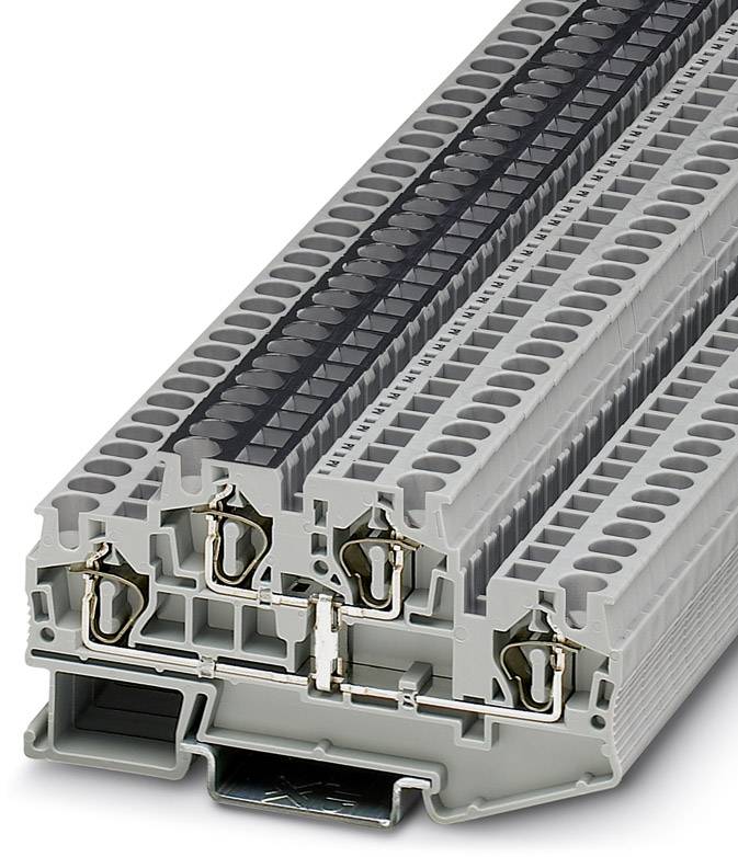 Morsettiera elettrica in serie con più punti di connessione e copertura grigia, idonea per l'utilizzo in quadri elettrici e connessioni elettriche.