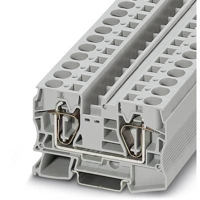 Un modulo grigio per morsetti a pettine con numerose entrate cavi in disposizione verticale, comunemente utilizzato per cablaggi.