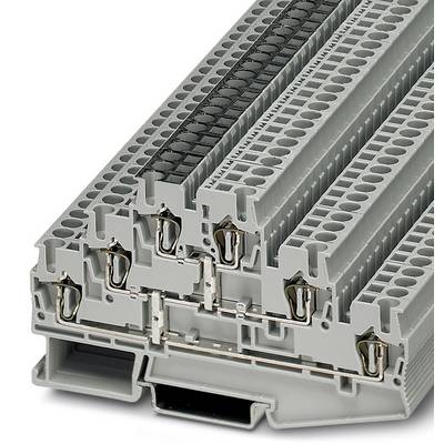 Morsettiera elettrica grigia a più livelli per montaggio su guida DIN, utilizzata per il cablaggio e la distribuzione di corrente.