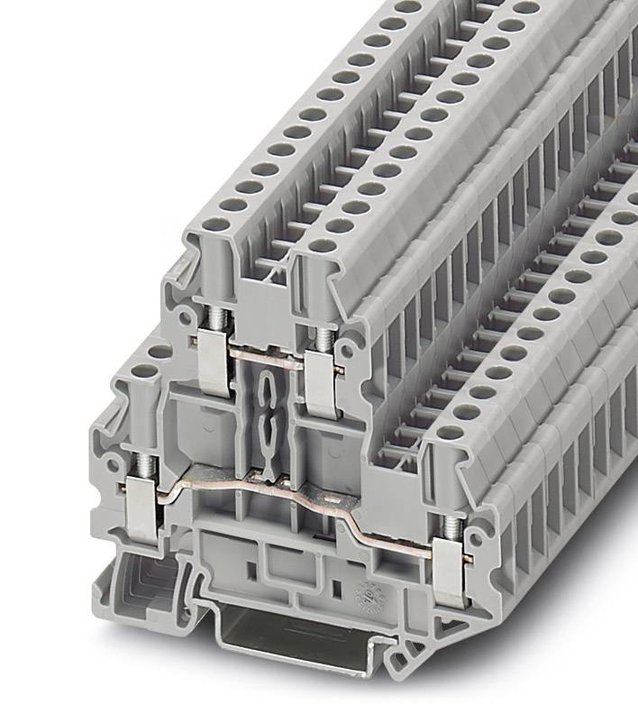 Morsettiera modulare in plastica grigia con più livelli e connessioni, utilizzata per il cablaggio nei quadri elettrici.