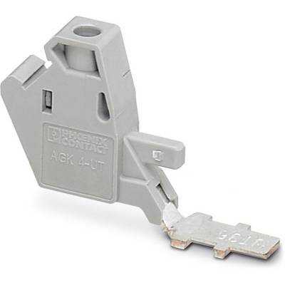 Un componente elettronico grigio a forma di trapezio con la scritta 'AGK 4-UT' di Phoenix Contact, utilizzato nei collegamenti elettrici.