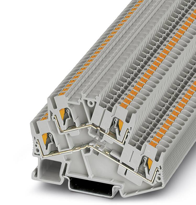 Modulo di morsetti a schiera grigio con elementi arancioni, utilizzato per connessioni elettriche nei quadri elettrici.