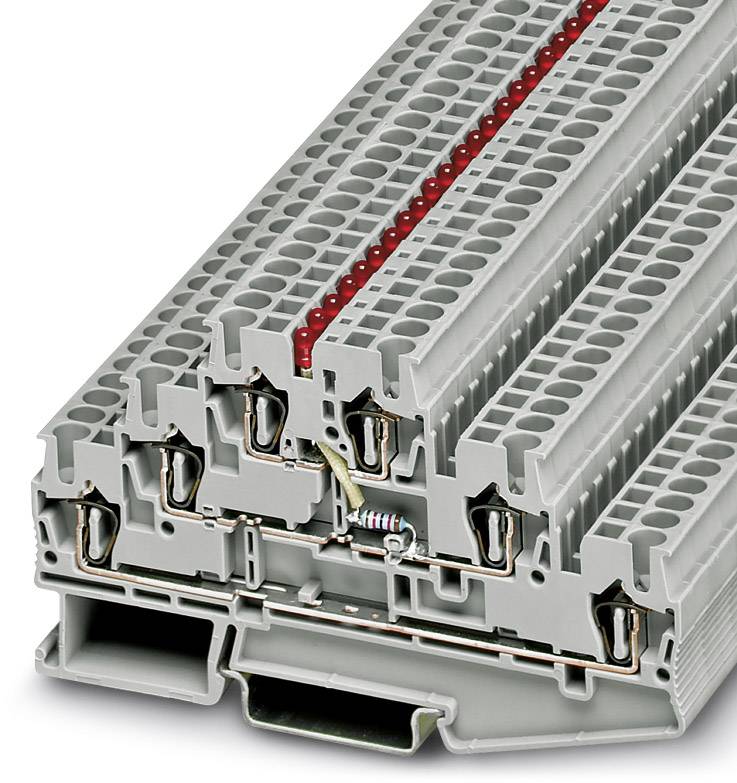 Una pila di morsetti a più livelli di colore grigio con una scala rossa al centro, utilizzati in applicazioni elettriche.