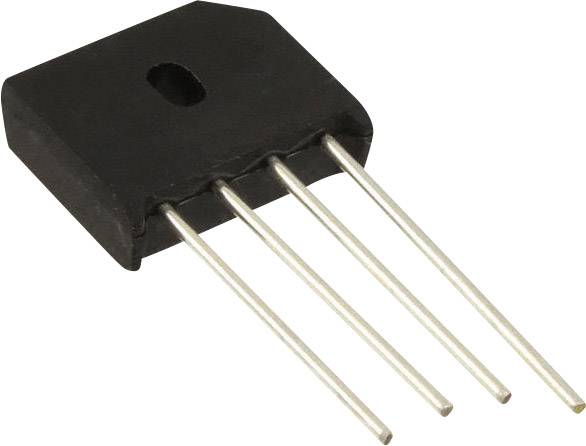 Un raddrizzatore nero, rettangolare, con quattro piedini metallici sporgenti che fungono da connessioni elettriche.