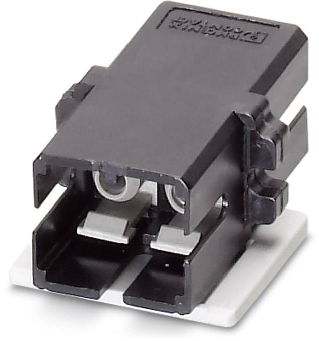 Connettore nero con due punti di contatto metallici su base bianca, idoneo per connessioni elettriche.