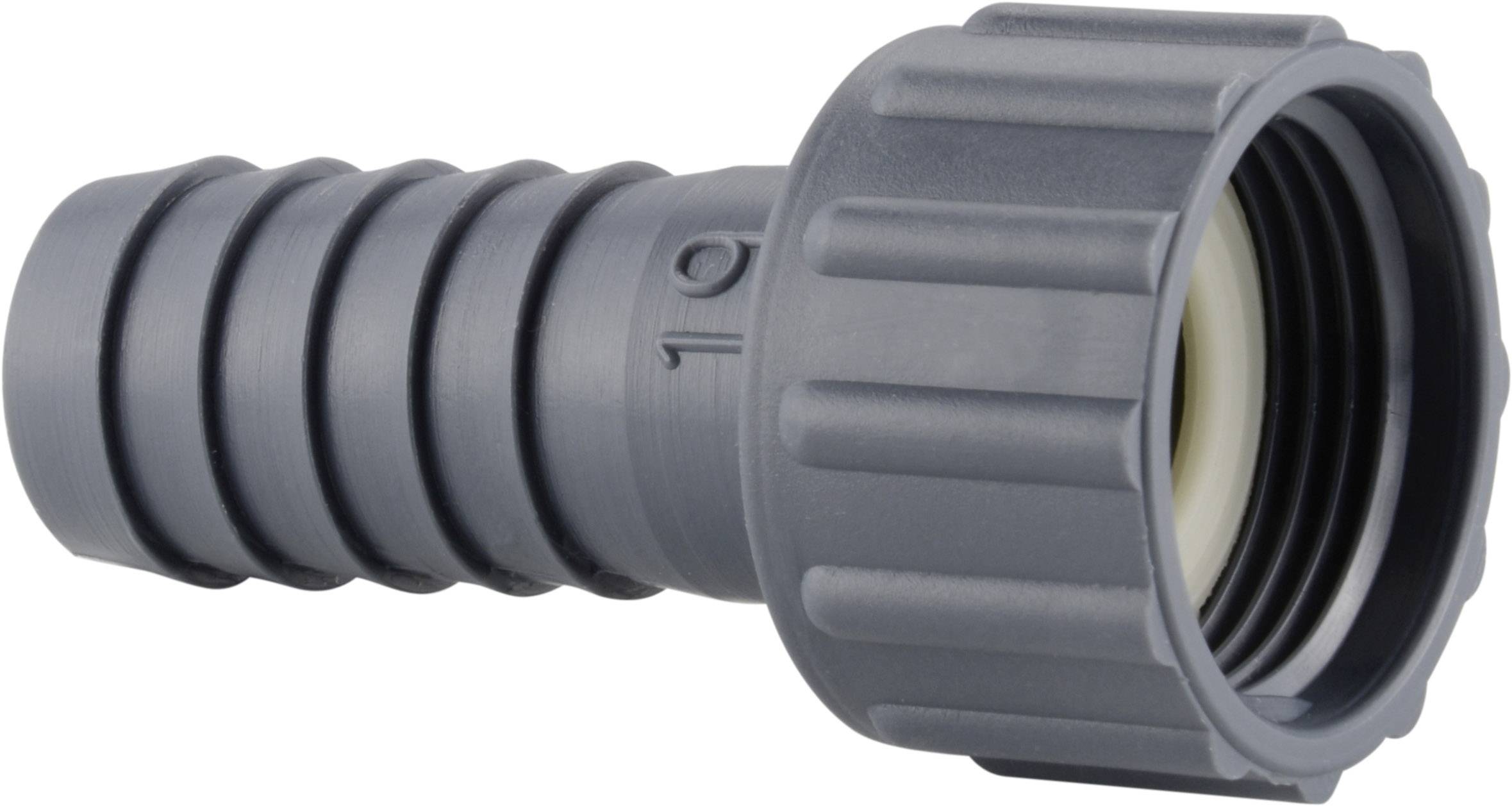 Raccordo a gomito grigio con filettatura, scanalato, adatto per sistemi di irrigazione o giardinaggio.
