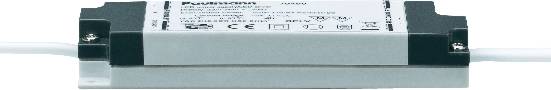 Un dispositivo elettronico rettangolare con cavi su entrambe le estremità e specifiche tecniche sulla parte superiore.