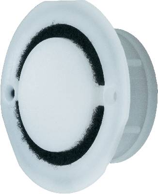 Un pulsante nero rotondo con un anello bianco. Sembra essere destinato a dispositivi elettronici.