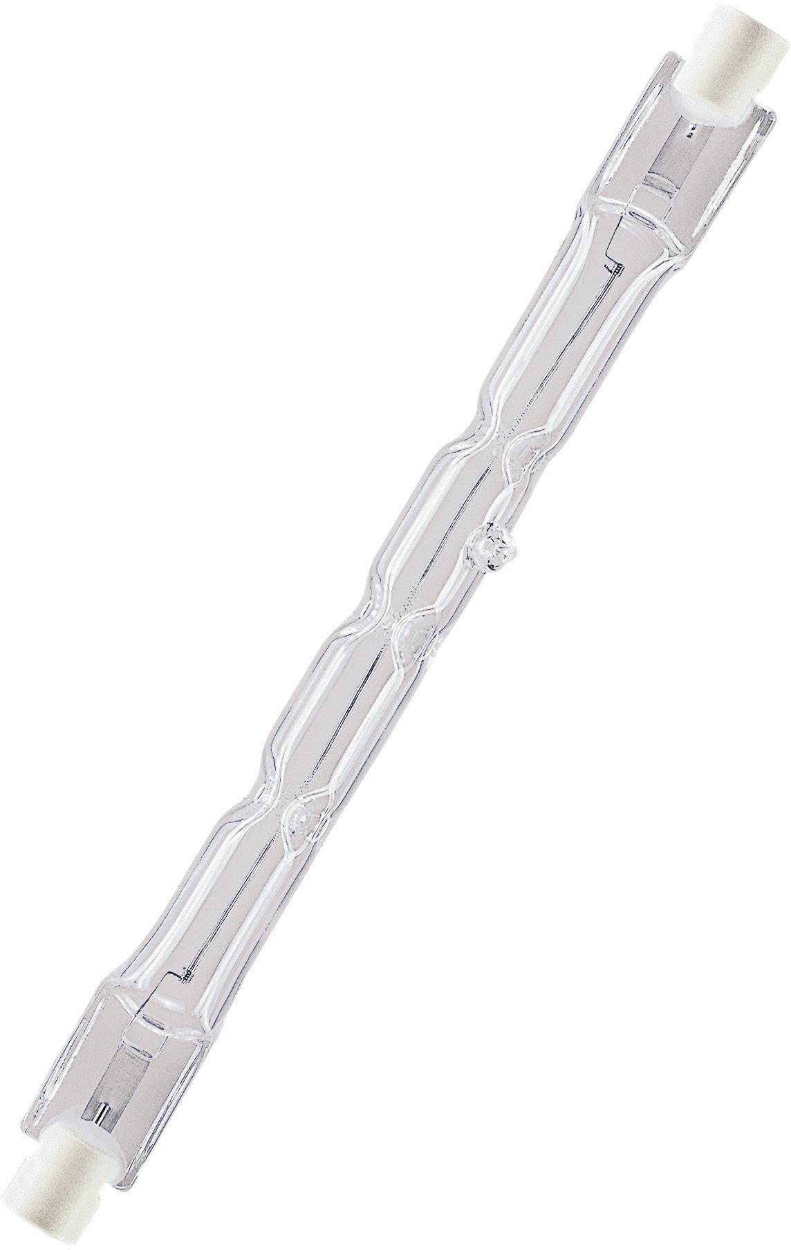 Una lampada alogena con doppio attacco, trasparente, dalla forma allungata, adatta a diversi tipi di illuminazione.