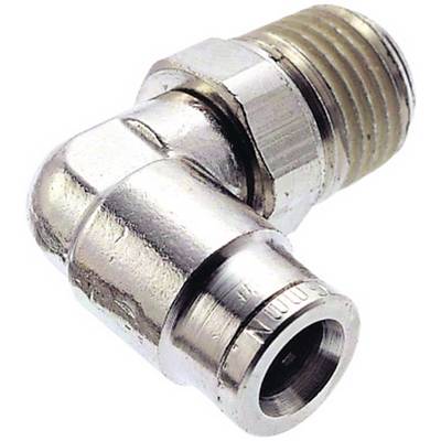 Un raccordo angolare metallico con filettatura interna ed esterna, per il collegamento di tubi o flessibili in un sistema idraulico.