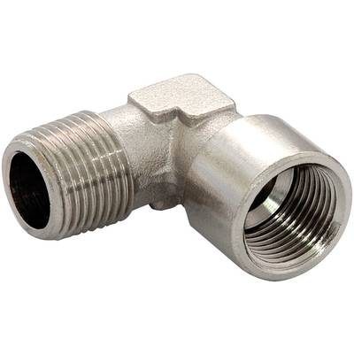 Raccordo angolare metallico con filettatura interna ed esterna, utilizzato per collegare tubi ad angolo retto a 90 gradi.