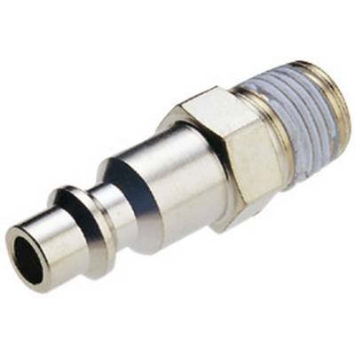 Un raccordo pneumatico metallico con estremità zigrinata per un fissaggio sicuro in un tubo o in un'apertura. Adatto per applicazioni industriali.
