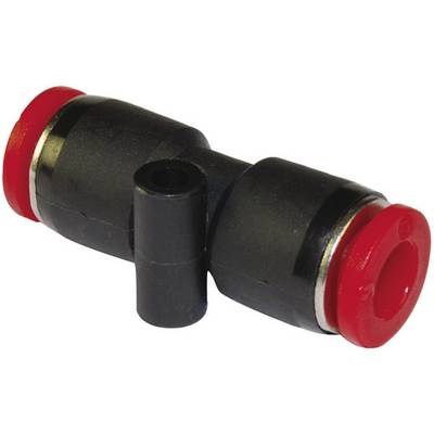 Raccordo a T in plastica con due estremità rosse, utilizzato in sistemi pneumatici per il collegamento di tubi.