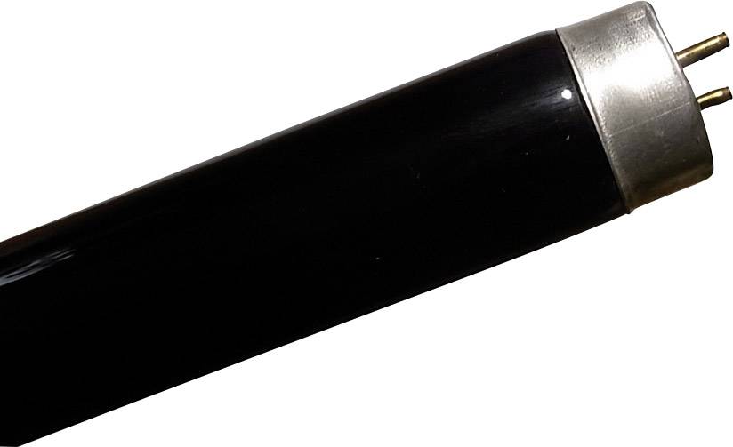 Un tubo fluorescente nero con calotta metallica e due contatti alle estremità, adatto a scopi di illuminazione speciali.