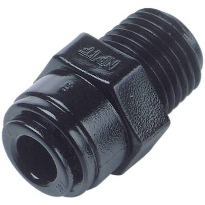 Adattatore a innesto nero con filettatura esterna. Utilizzato per collegare tubi o tubi flessibili in impianti.