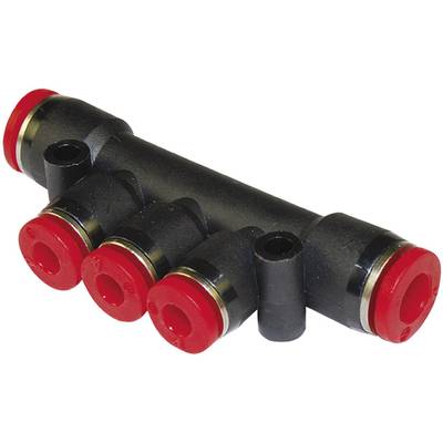 Raccordo di distribuzione in plastica nera con cinque connessioni simili a tubi. Quattro connessioni su un lato sono rosse.