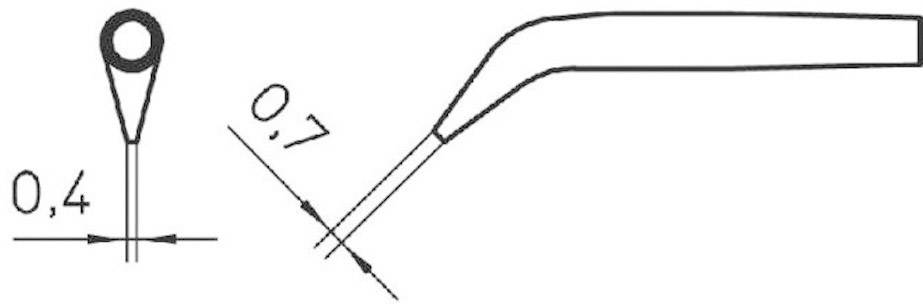 Disegno tecnico di un utensile con un foro circolare nella parte superiore e un'asta curva. Dimensioni: 0,4 e 0,7 centimetri.