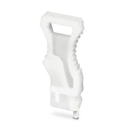 Un manico di plastica bianco con bordi dentellati per essere fissato a uno scaffale o a una struttura, probabilmente per assicurare o bloccare degli oggetti.