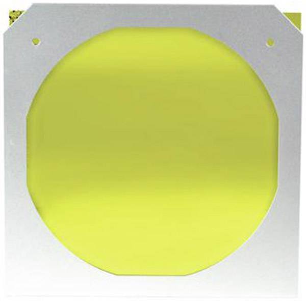 Cerchio giallo su sfondo bianco, incorniciato da un quadrato metallico.