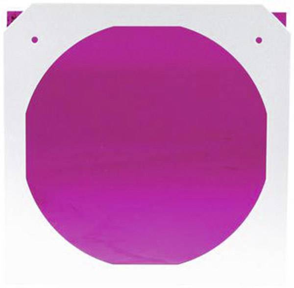 Un foglio quadrato di gelatina con un centro circolare magenta, utilizzato per filtrare la luce in fotografia o illuminazione.