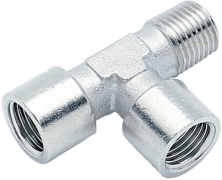 Un raccordo metallico a T con filettature su tutti e tre i terminali, idoneo per il collegamento di tre tubi in un sistema di tubazioni.