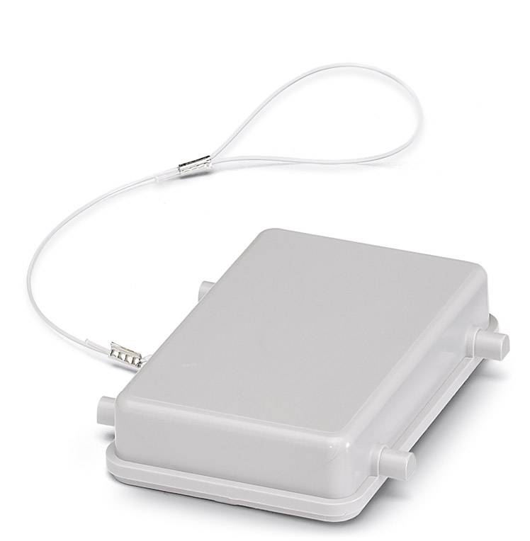 Una scatola protettiva rettangolare grigia con un cavo d'acciaio installato. La scatola ha angoli arrotondati e due connessioni laterali.