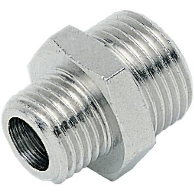 Adattatore metallico con filettatura esterna su entrambi i lati, utilizzato per collegare tubi.
