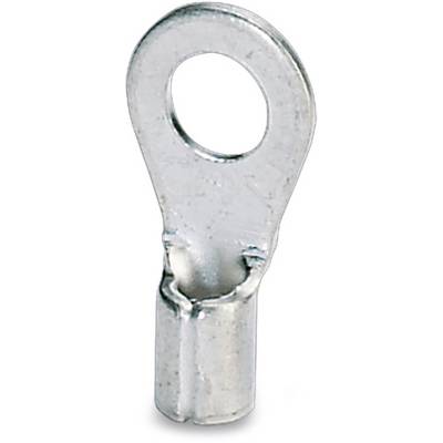 Un capocorda ad anello in metallo argentato. Ha un'estremità ad occhiello rotondo e un manicotto cilindrico. Viene utilizzato per connessioni elettriche.
