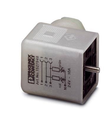 Un involucro quadrato grigio in plastica per un connettore elettrico con simboli di circuito e il testo 'Phoenix Contact'.