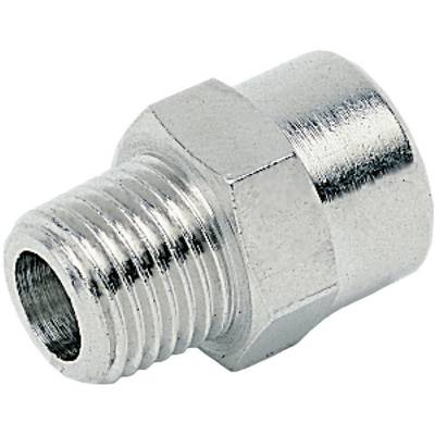 Raccordo filettato in metallo di colore argento, forma cilindrica, con dado esagonale per connessioni di tubi.