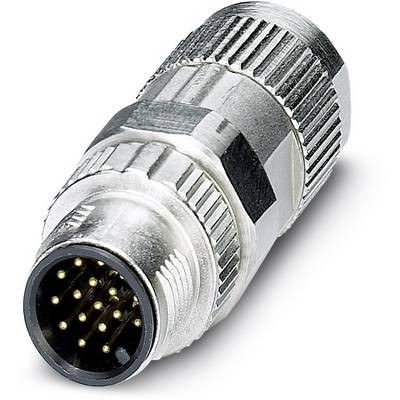 Un connettore argentato con diversi pin dorati, tipico dei collegamenti industriali, è posizionato su uno sfondo bianco.