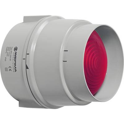 L'immagine mostra un dispositivo di allarme cilindrico grigio con una lente rossa, utilizzato per l'allarme visivo in ambienti industriali.