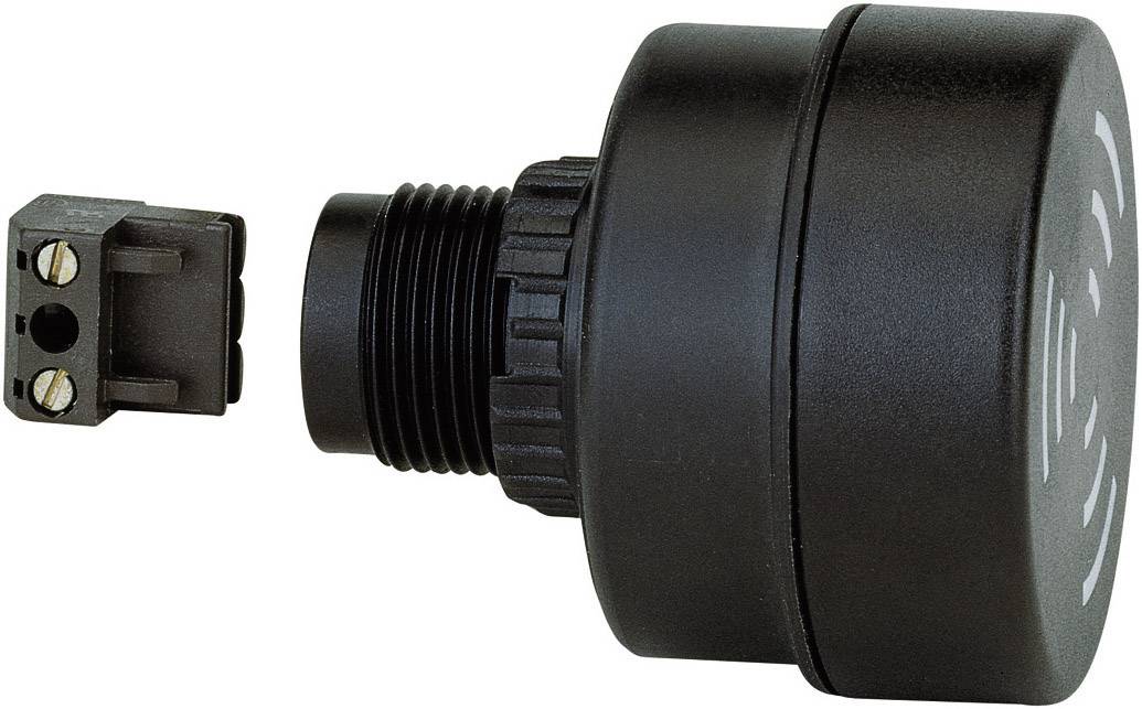 Un connettore elettrico nero cilindrico con due contatti metallici, raffigurato in due parti che si incastrano.