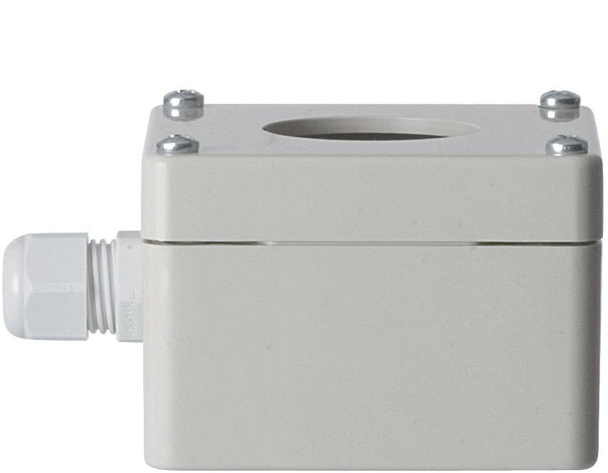 Custodia grigia rettangolare con un grande foro rotondo in alto e un pressacavo sul lato. Adatta per installazioni elettriche.