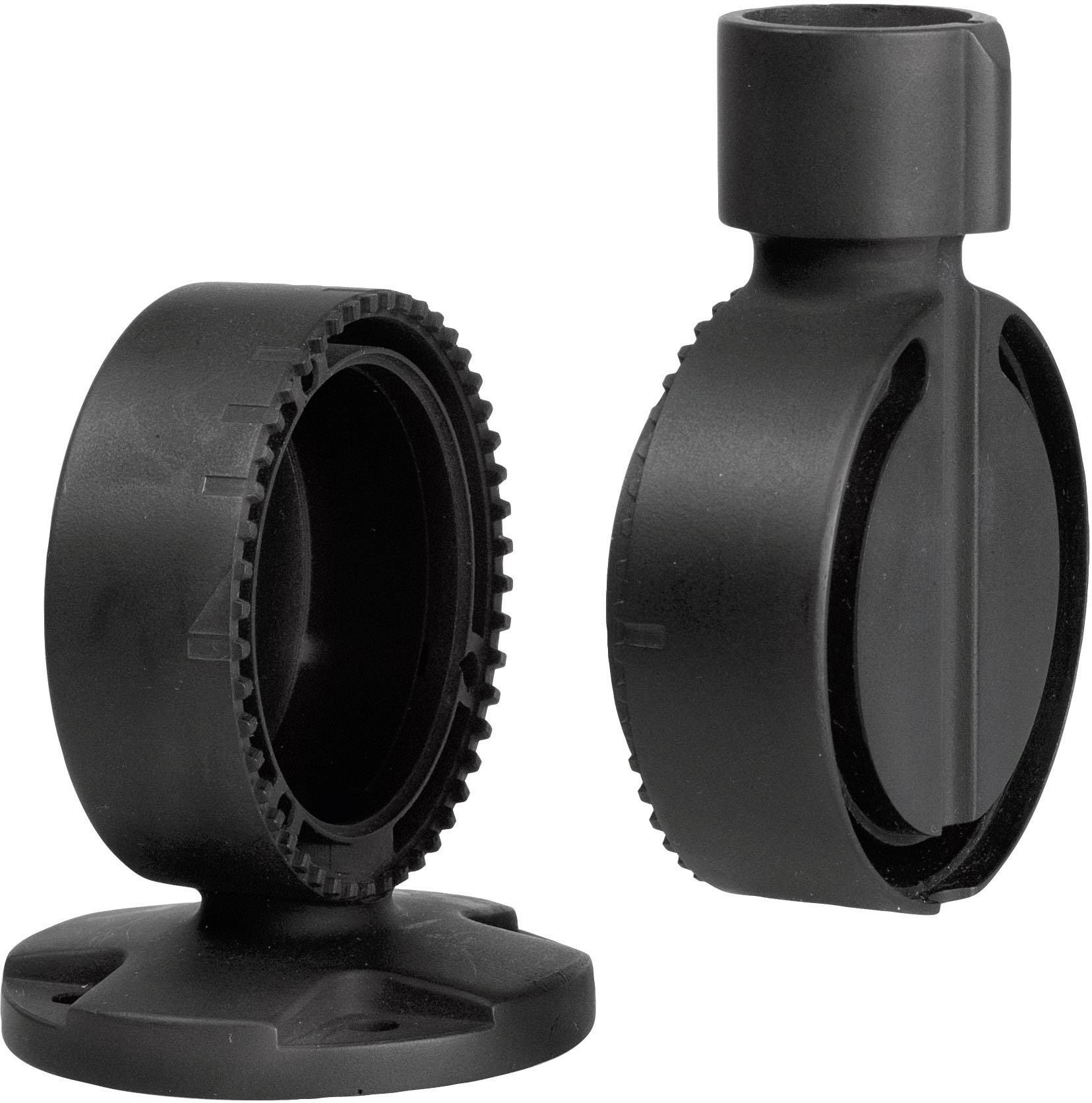 Due componenti di fissaggio in plastica nera con scanalature e base piatta, viste laterale e frontale.