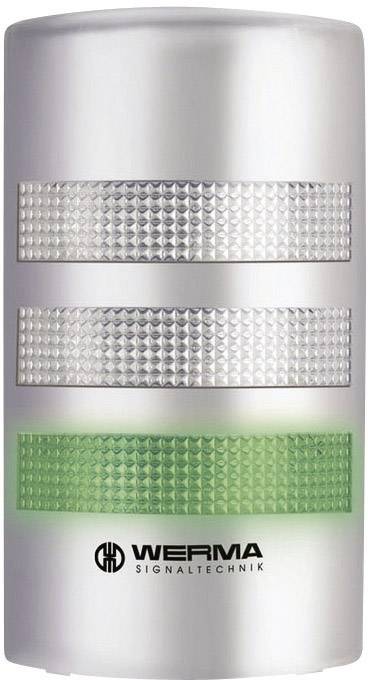Un dispositivo cilindrico argentato con due strisce trasparenti e una striscia luminosa verde. Sotto il logo di 'Werma Signaltechnik'.