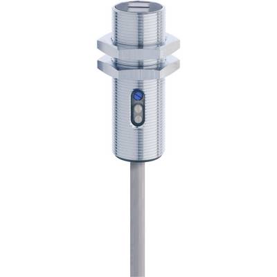 Sensore metallico cilindrico con cavo, indicatore LED blu e due pulsanti. Utilizzato per il rilevamento di oggetti in sistemi automatizzati.