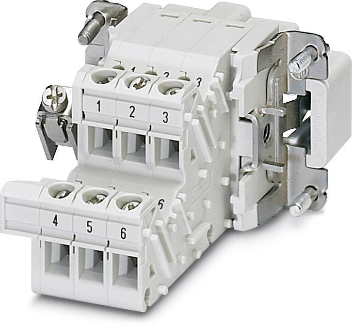 Spina di connessione a sei poli in plastica con chiusure a vite, pronta per applicazioni in impianti elettrici.