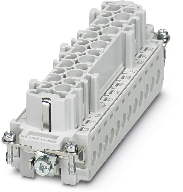 Un alloggiamento grigio per connettore elettrico con più connessioni e una vite di fissaggio, numerato da 1 a 26.