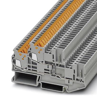 Morsettiera modulare grigia e arancione su tre livelli per connessioni elettriche, che mostra il design modulare e i punti di contatto.