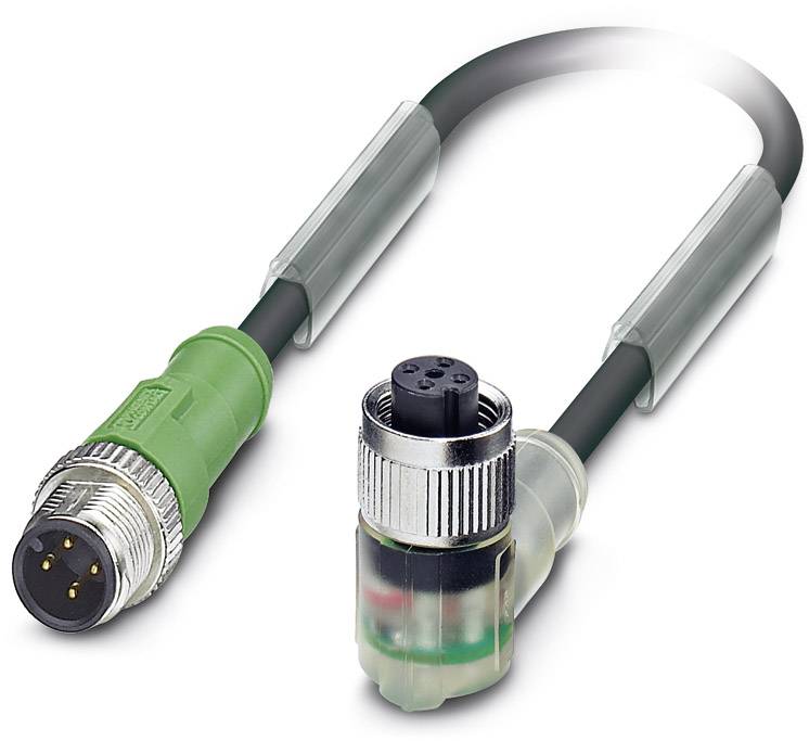 Cavo elettronico nero-verde con connettori metallici su entrambe le estremità; connessioni per applicazioni industriali.