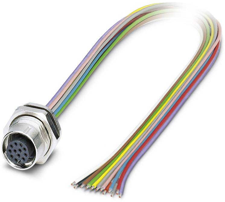 Un connettore circolare multipolare con terminazioni di cavi colorati e scoperte, idoneo per applicazioni industriali o cablaggi complessi.