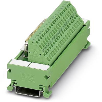 Un connettore elettrico verde con morsetti numerati e attacco metallico, utilizzato per applicazioni industriali.
