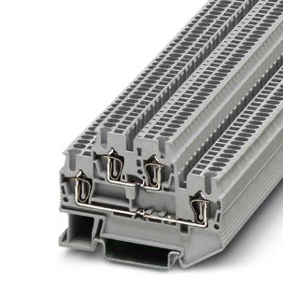 Un morsettiera grigia a più poli, utilizzata per il collegamento sicuro di linee elettriche all'interno di quadri elettrici.