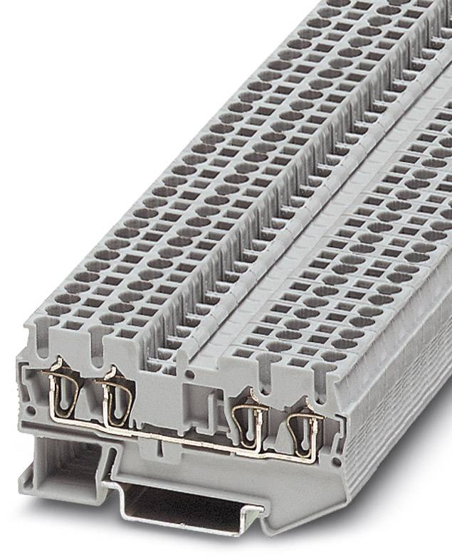 Morsettiera in grigio per connessioni elettriche, con più punti di serraggio per connessioni di fili in una disposizione su due file.